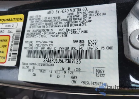 2016 Ford Fusion Hybrid Se z USA, uszkodzony, nr VIN 3FA6P0LU5GR389125